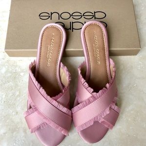 Blush Boho Fringe Satin Crisscross Slide Sandals